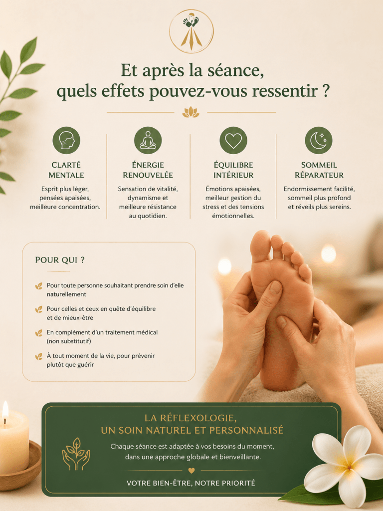 Image d'une présentation sur les effets de la réflexologie, incluant de la clarté mentale, de l'énergie renouvelée, un équilibre intérieur et un sommeil réparateur, avec des icônes illustratives et un texte explicatif.